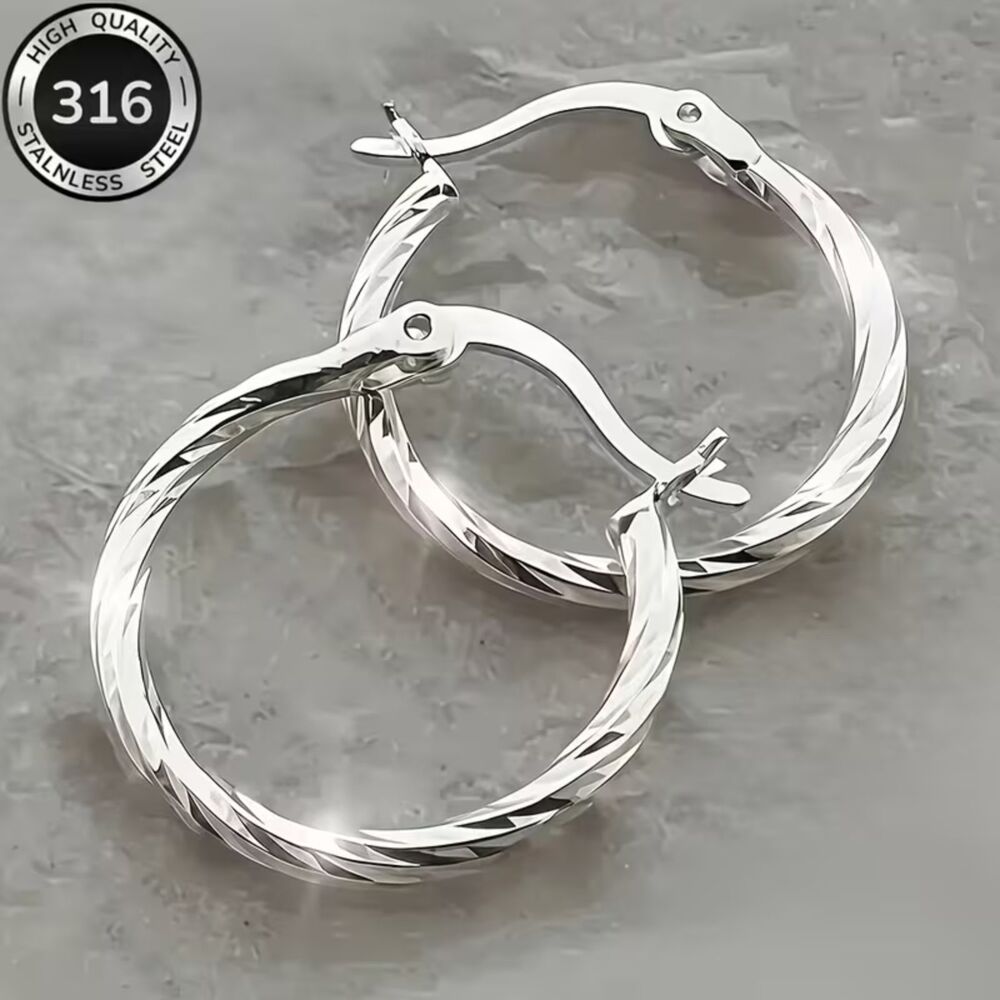 Silver Stainless Steel Twist Hoop Earrings Classic Secure Jewelry Hoops Everyday